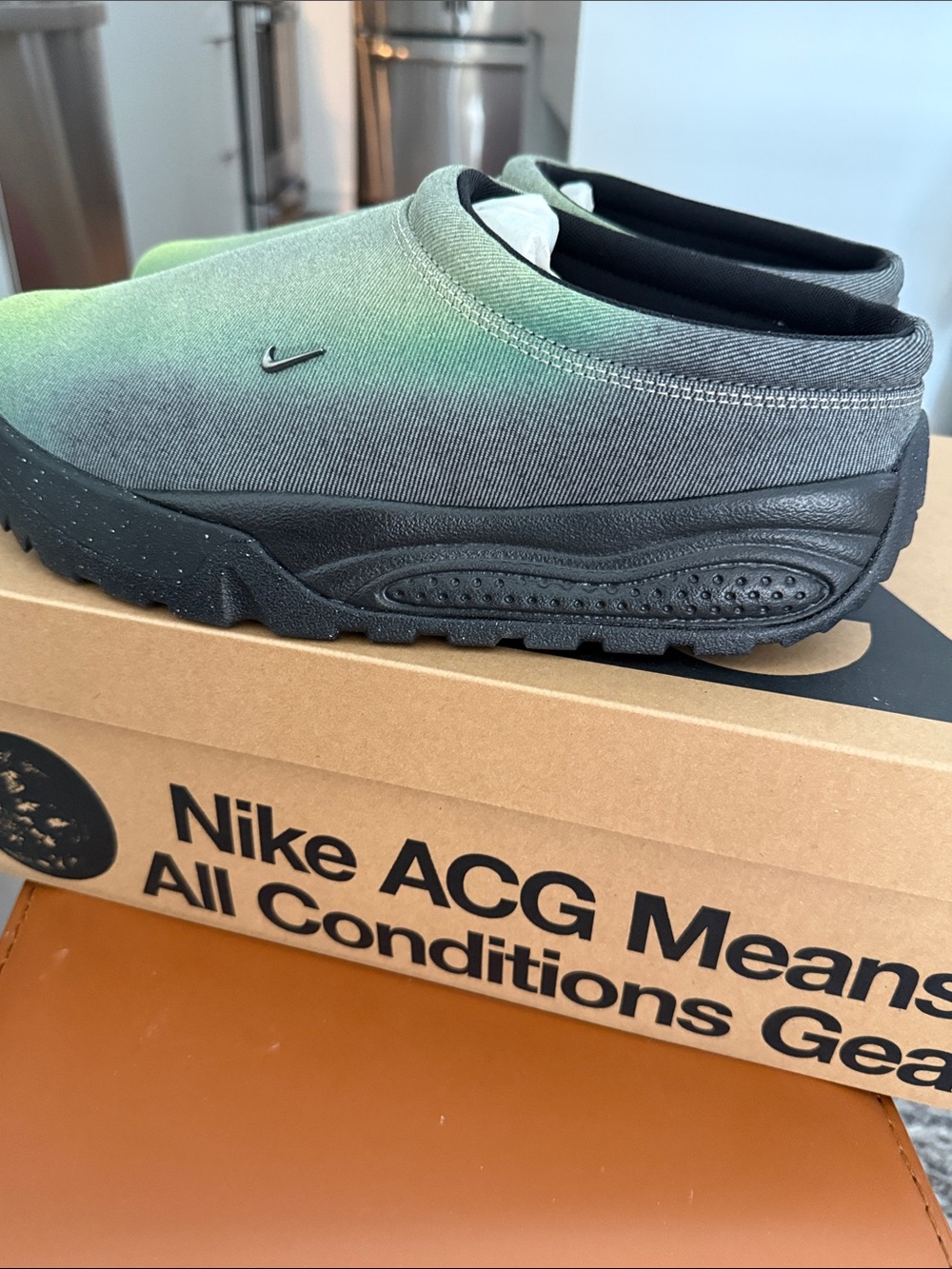 Nike Olive Green Slip-On Loafers with Black Sole and Yellow Swoosh - Picture 3 of 5